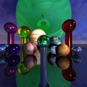 Texture mapped planets and translucent spheres and cylinders within a texture mapped sphere for a background.