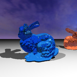 Blue and Red Translucent 69k poly bunnies