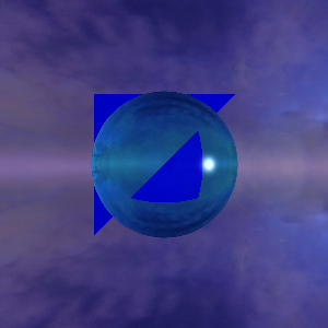 Blue glass ball - note faint reflection of red triangle behind viewer